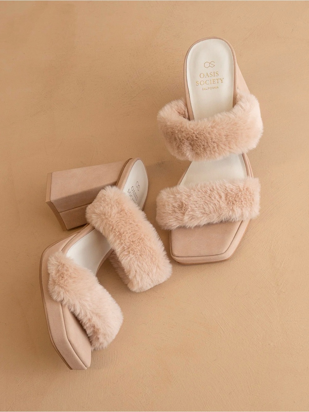 Oasis Society “Blush” Faux-Fur Double Strap Block platform Heels